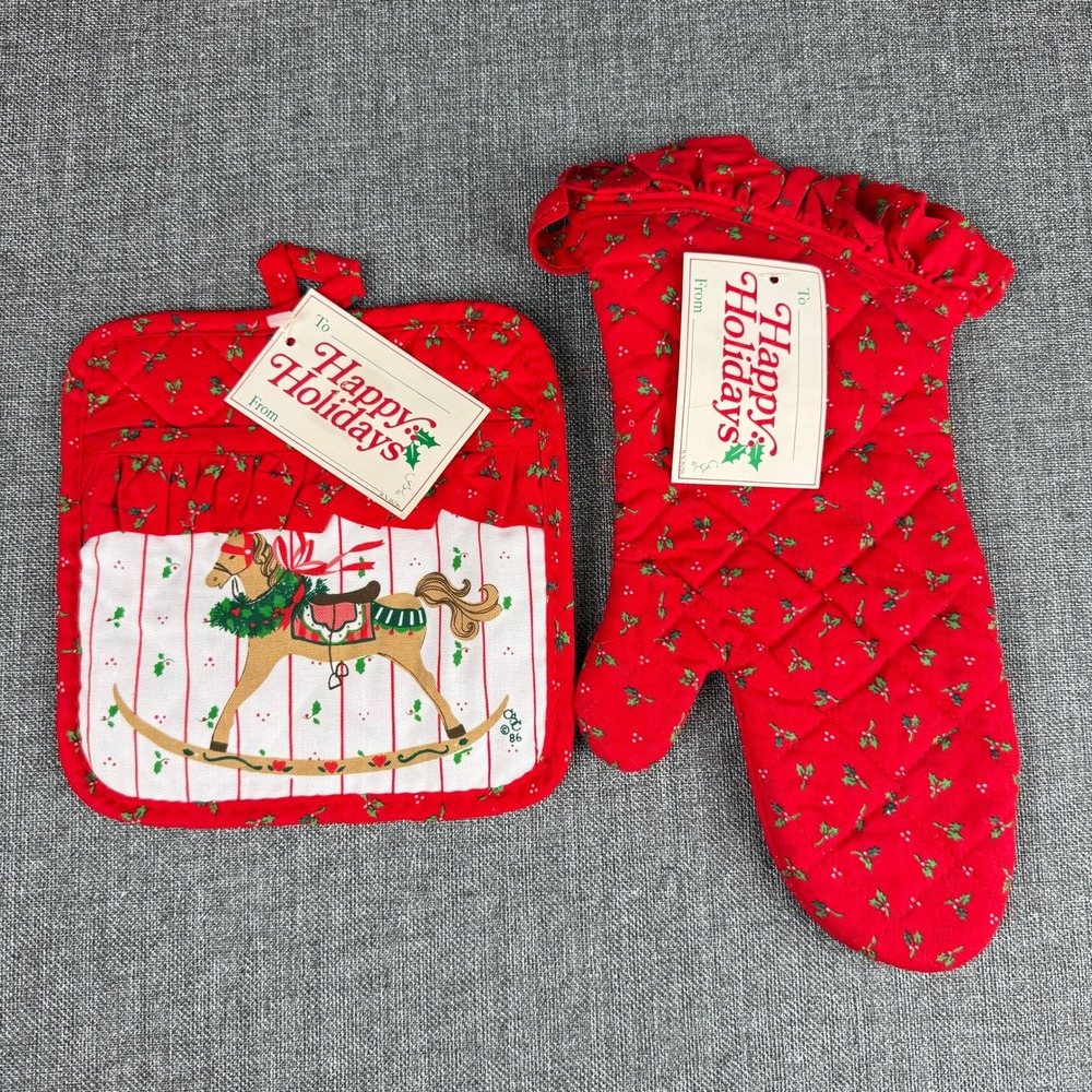 Vintage 1986 Christmas Rocking Horse Pot Holder Oven Mitt Set Hiliday Gift